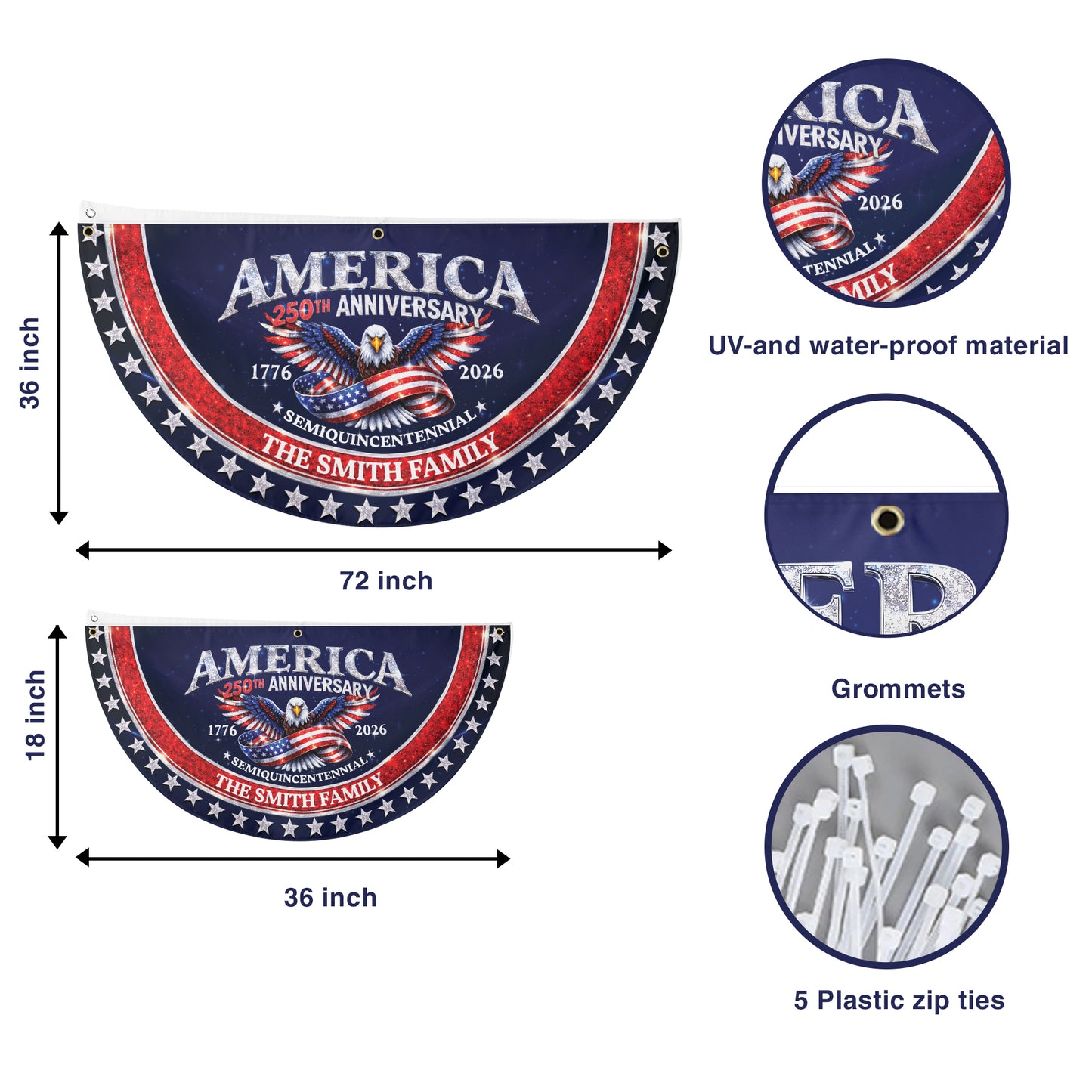 Custom Name 250th Anniversary Semiquincentennial 1776-2026 Semicircle Fence Flag