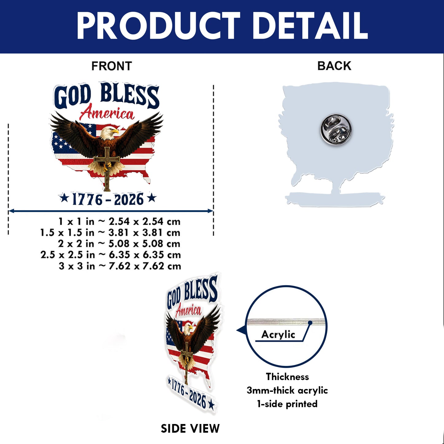 God Bless America Acrylic Pins – Silver Butterfly Clutch Set for Jackets, Hats & Gifts