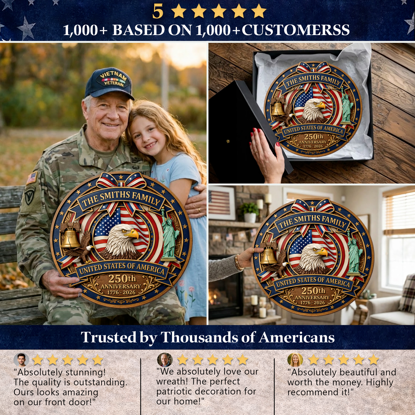 Custom USA 250th Anniversary Wooden Sign, Patriotic Door Hanging Decor