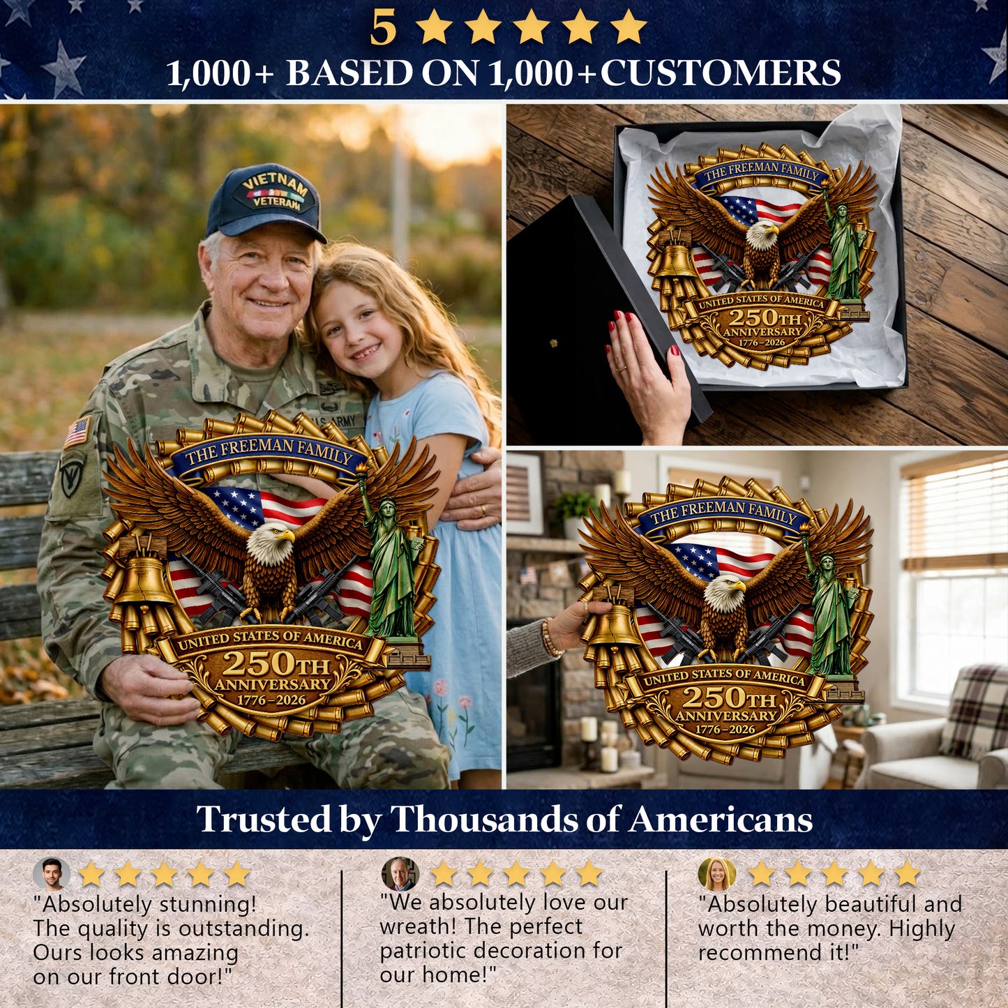 Custom Military Eagle Honor the Brave 250th Anniversary Wood Sign