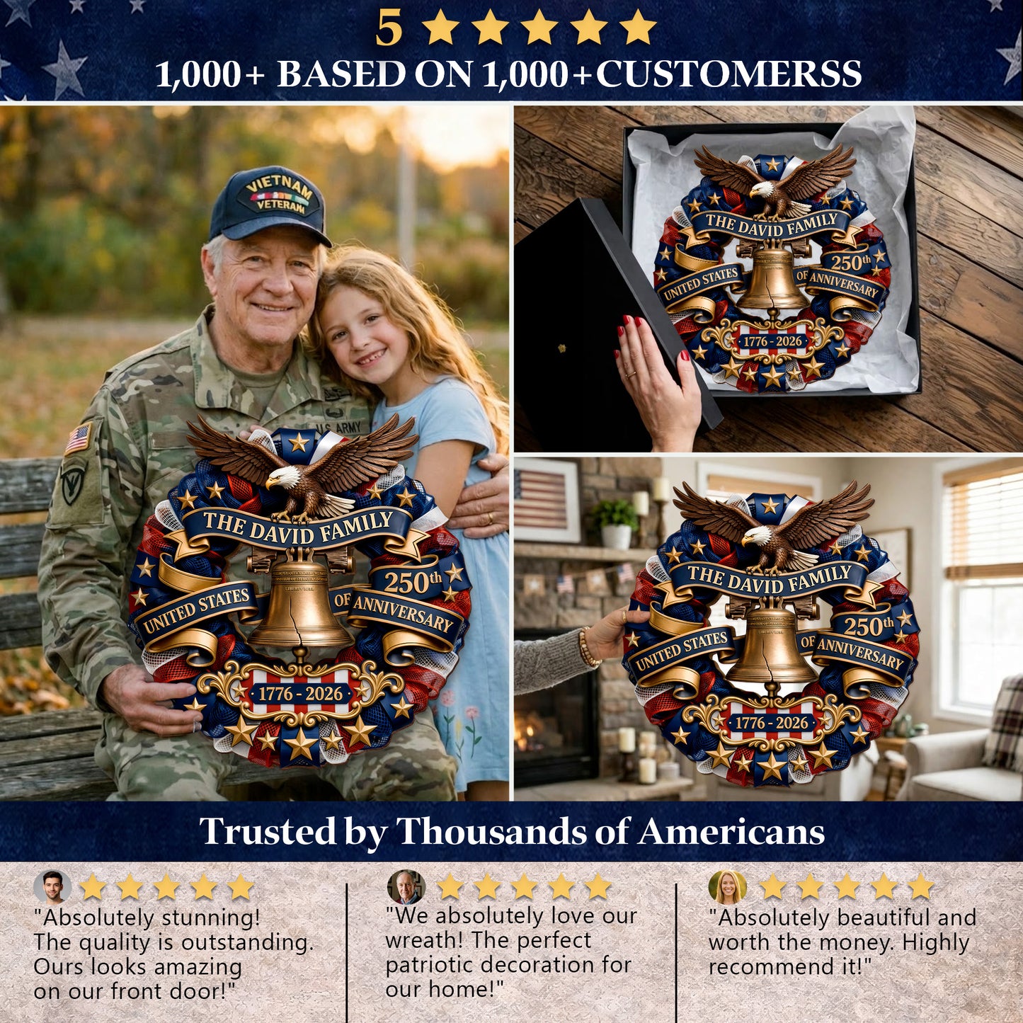 Personalized Patriotic Wood Sign Wreath, USA 250th Anniversary Eagle Bell