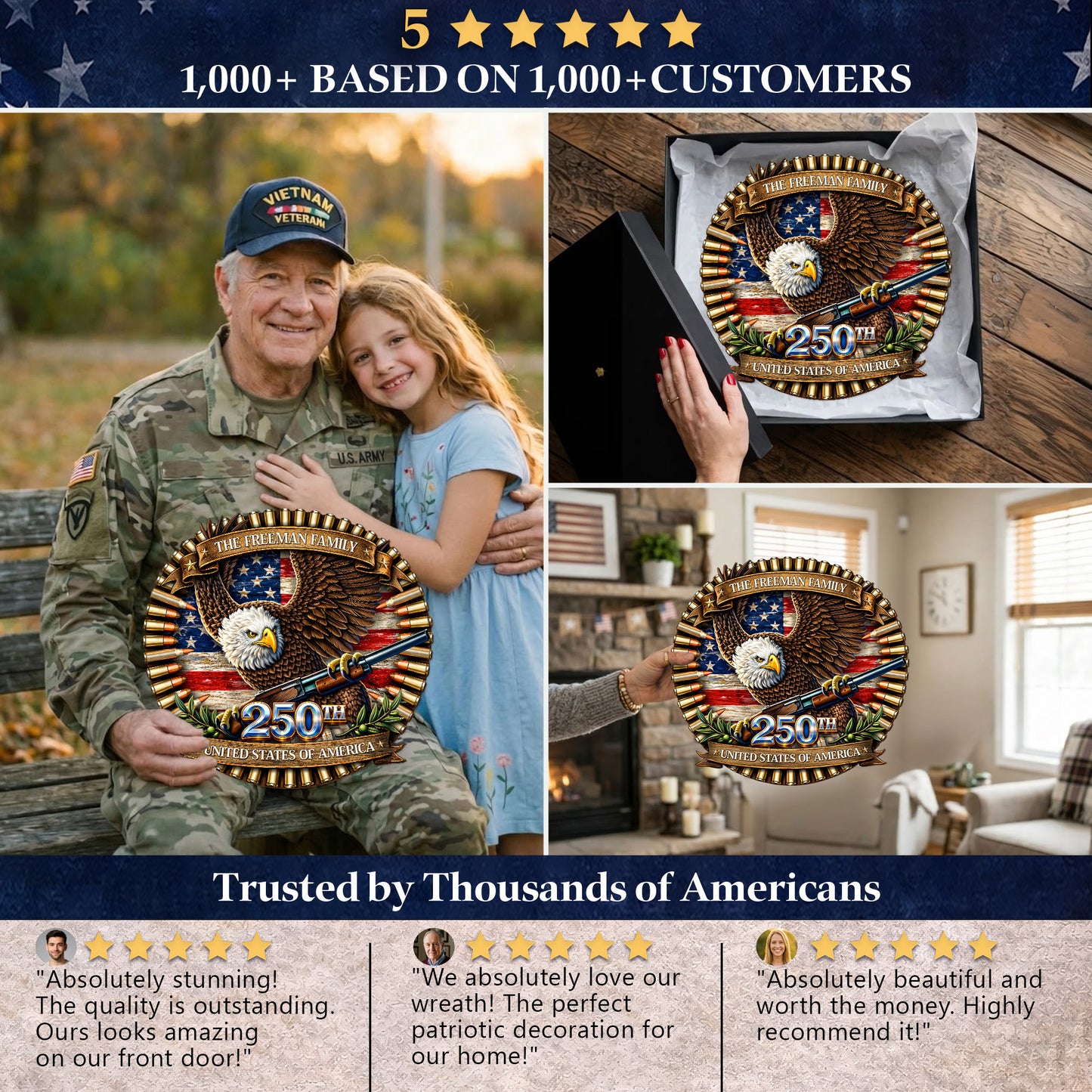 Custom Bullet Eagle Holding Gun 250th Anniversary Wood Sign