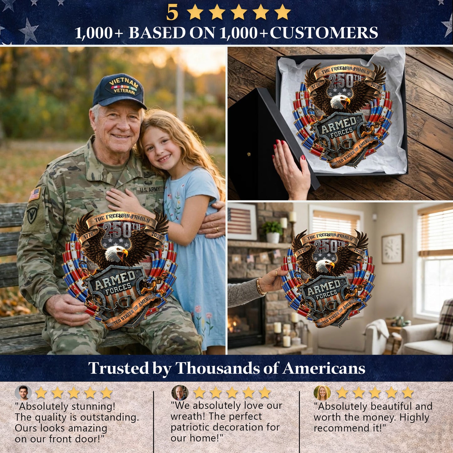 Custom Family Eagle Armed Forces 250th Anniversary Wood Sign