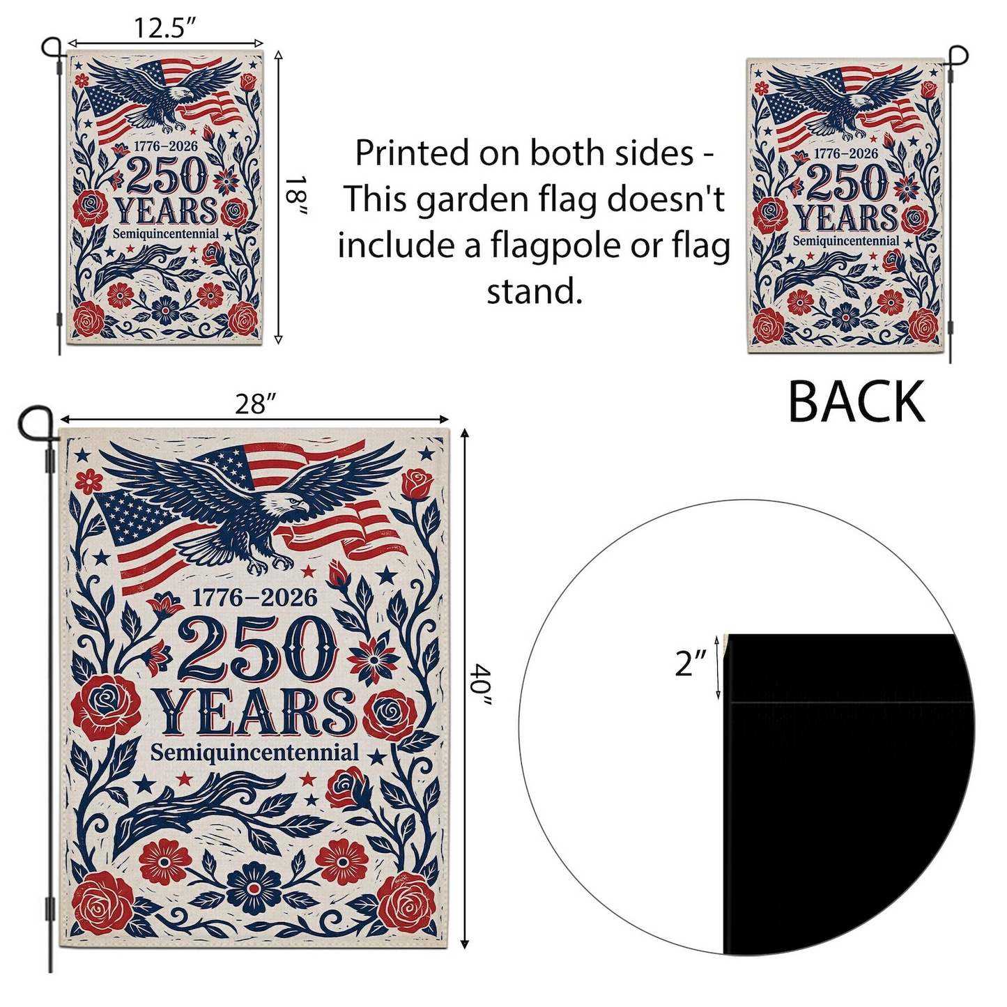 Garden Flag Floral 250th Anniversary Eagle Design, Semiquincentennial Patriotic Decor