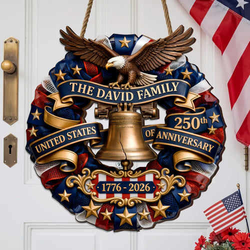 Personalized Patriotic Wood Sign Wreath, USA 250th Anniversary Eagle Bell