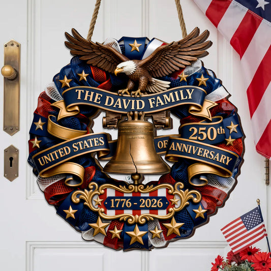 Personalized Patriotic Wood Sign Wreath, USA 250th Anniversary Eagle Bell