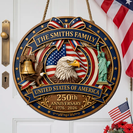 Custom USA 250th Anniversary Wooden Sign, Patriotic Door Hanging Decor