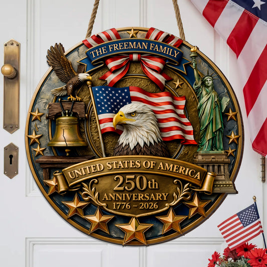 Personalized America 250th Anniversary Wood Wreath, Patriotic Door Sign