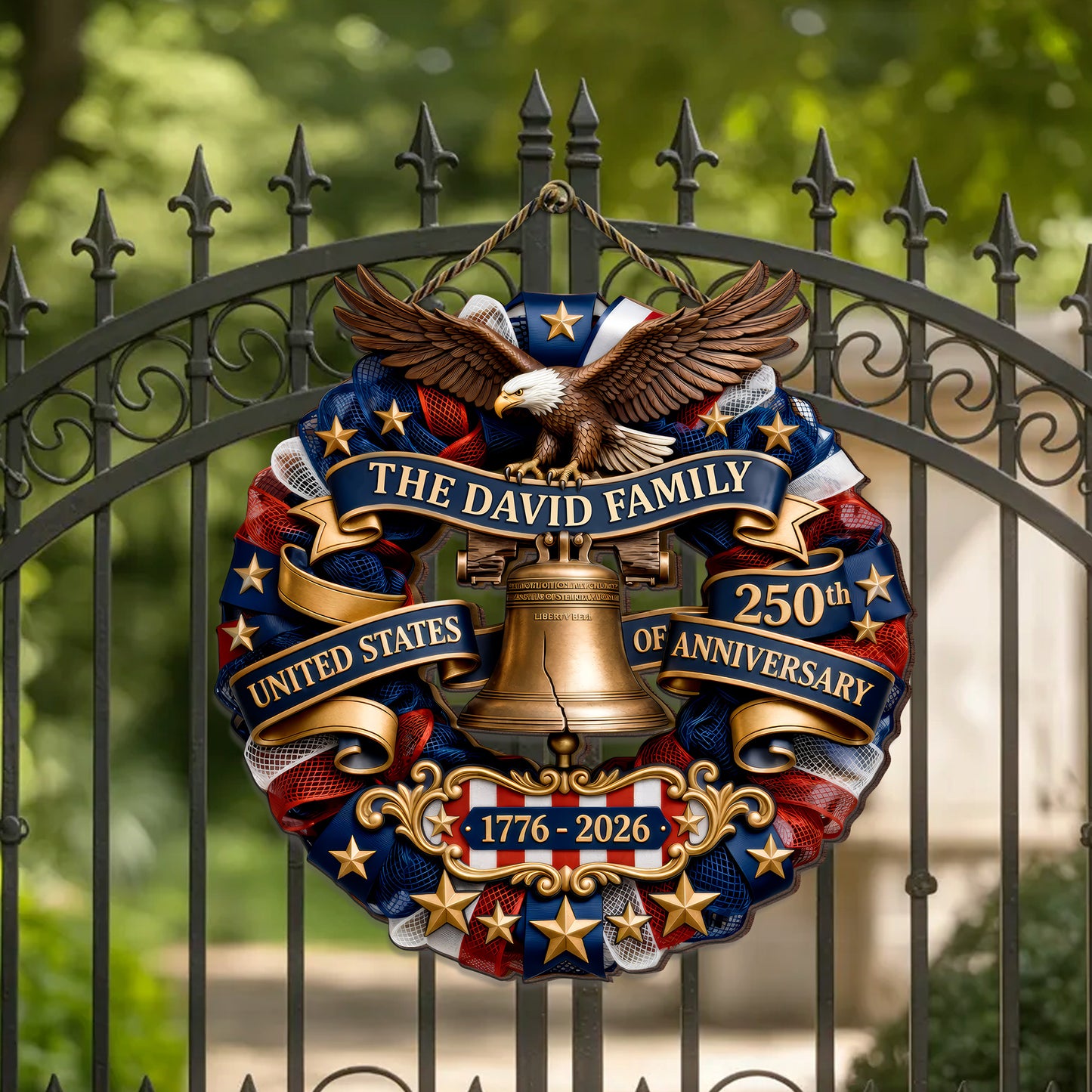 Personalized Patriotic Wood Sign Wreath, USA 250th Anniversary Eagle Bell
