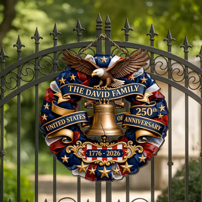Personalized Patriotic Wood Sign Wreath, USA 250th Anniversary Eagle Bell