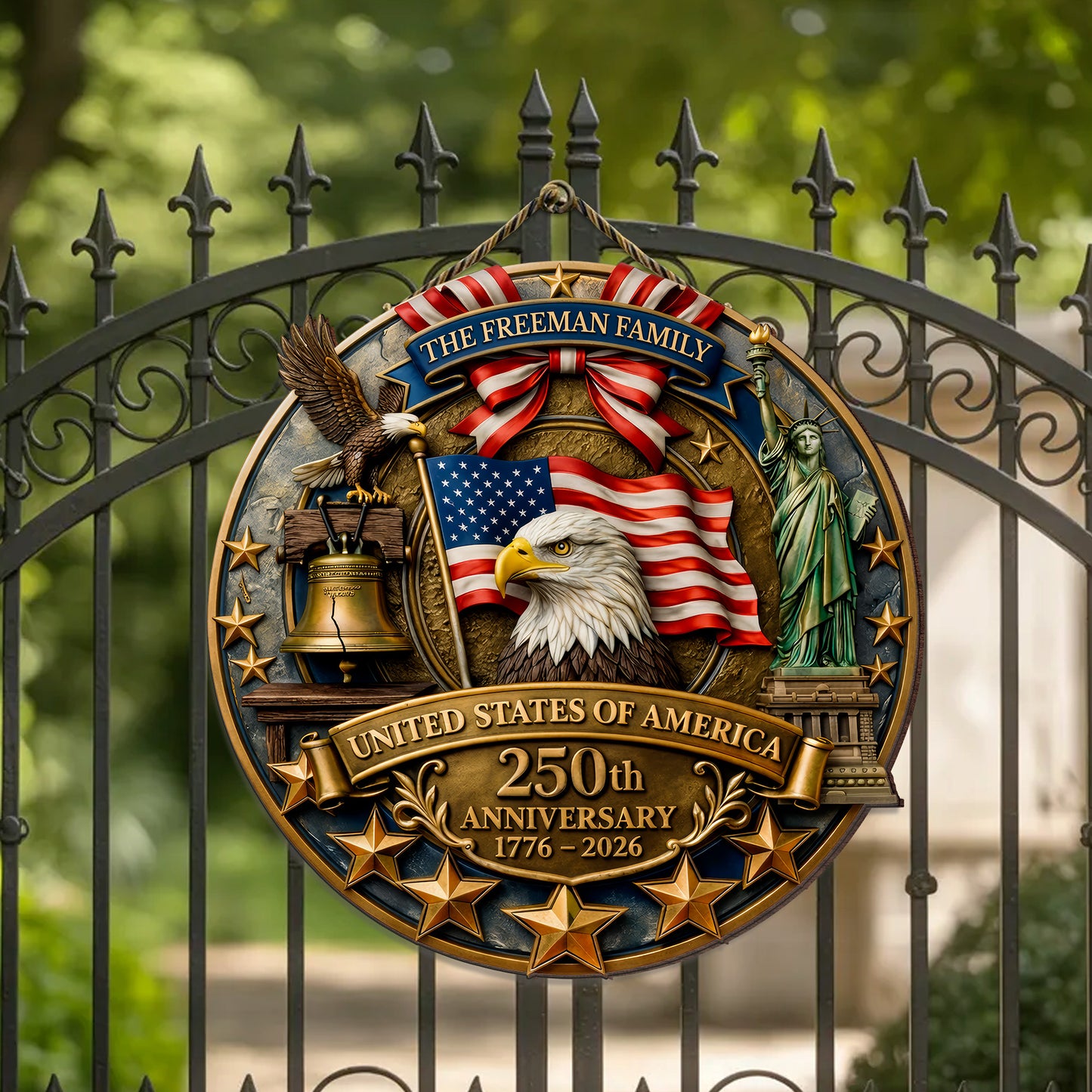 Personalized America 250th Anniversary Wood Wreath, Patriotic Door Sign