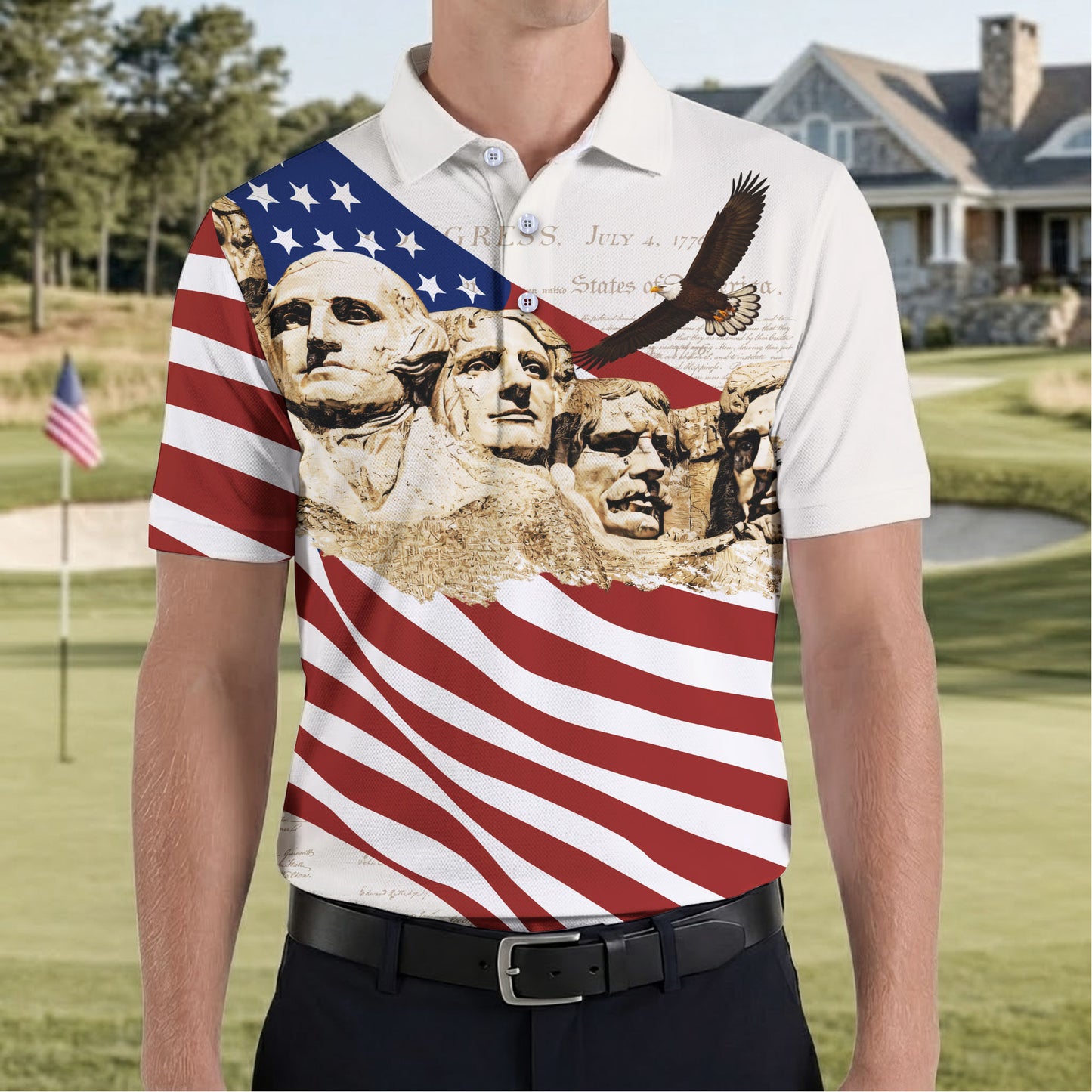 Mount Rushmore American Flag Pattern 4th Of July Patriotic Polo