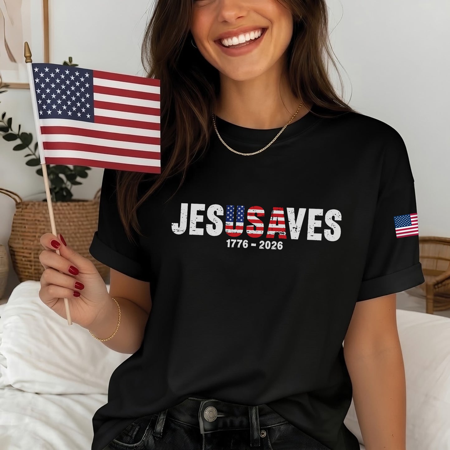 Christian Patriot Jesusave America Flag Sleeve Print T-shirt