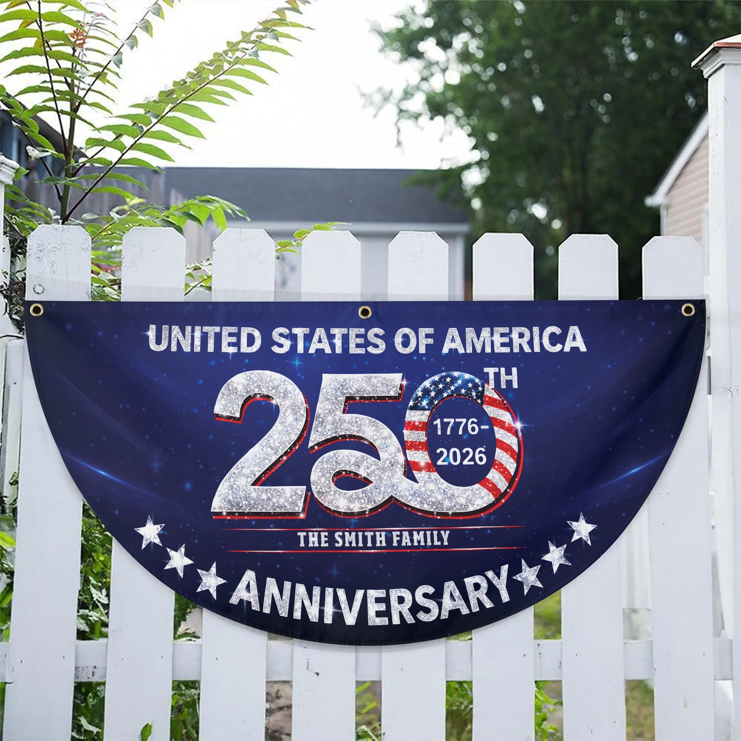 Custom Name 250th Anniversary USA Semicircle Fence Flag