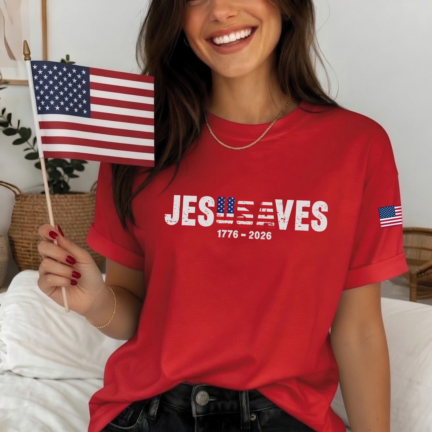 Christian Patriot Jesusave America Flag Sleeve Print T-shirt
