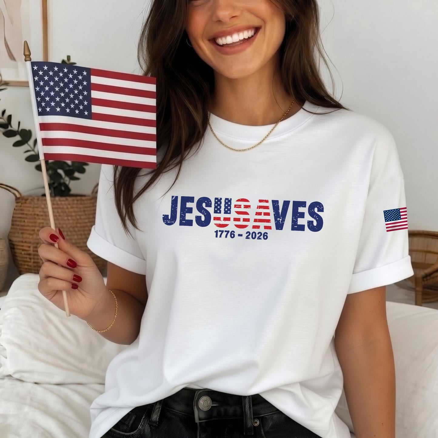 Christian Patriot Jesusave America Flag Sleeve Print T-shirt