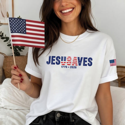 Christian Patriot Jesusave America Flag Sleeve Print T-shirt
