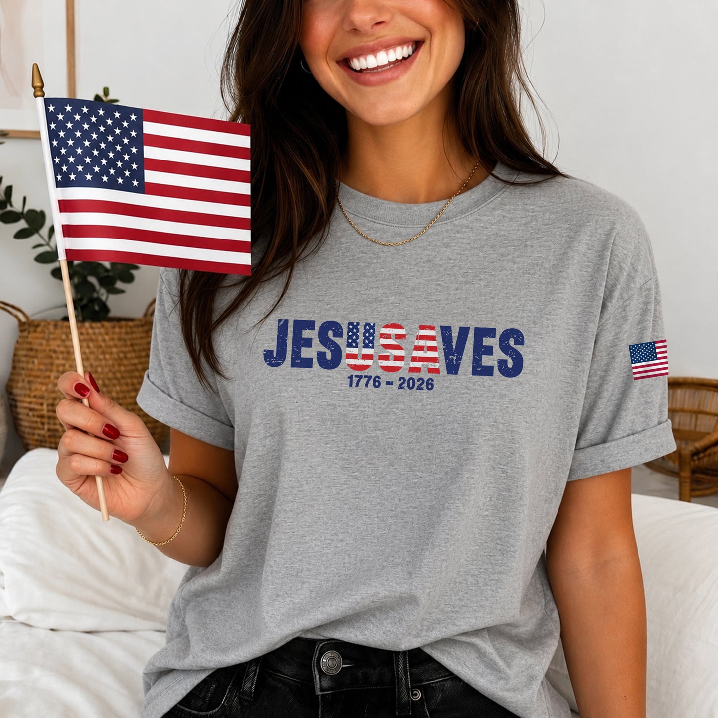 Christian Patriot Jesusave America Flag Sleeve Print T-shirt