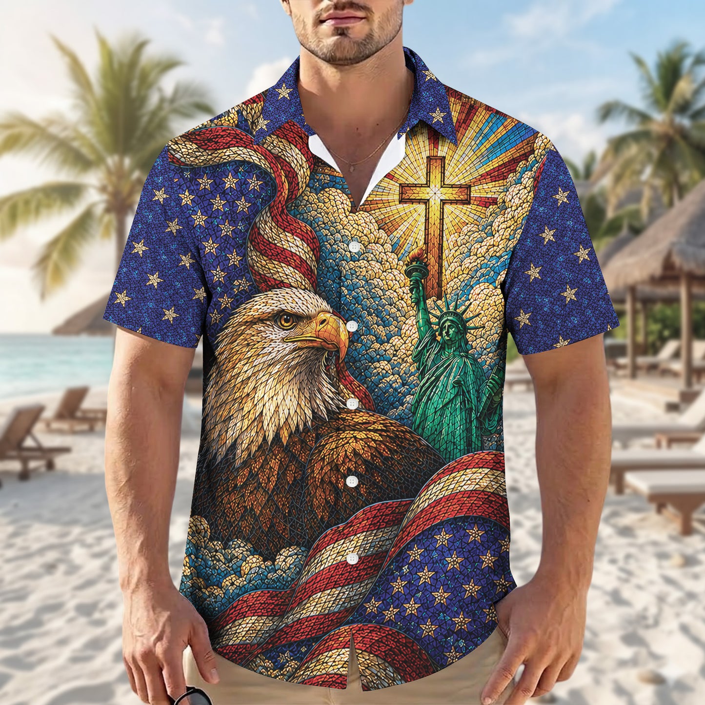 Stained-glass Christian Patriot 250 Years of Freedom Hawaiian Shirt