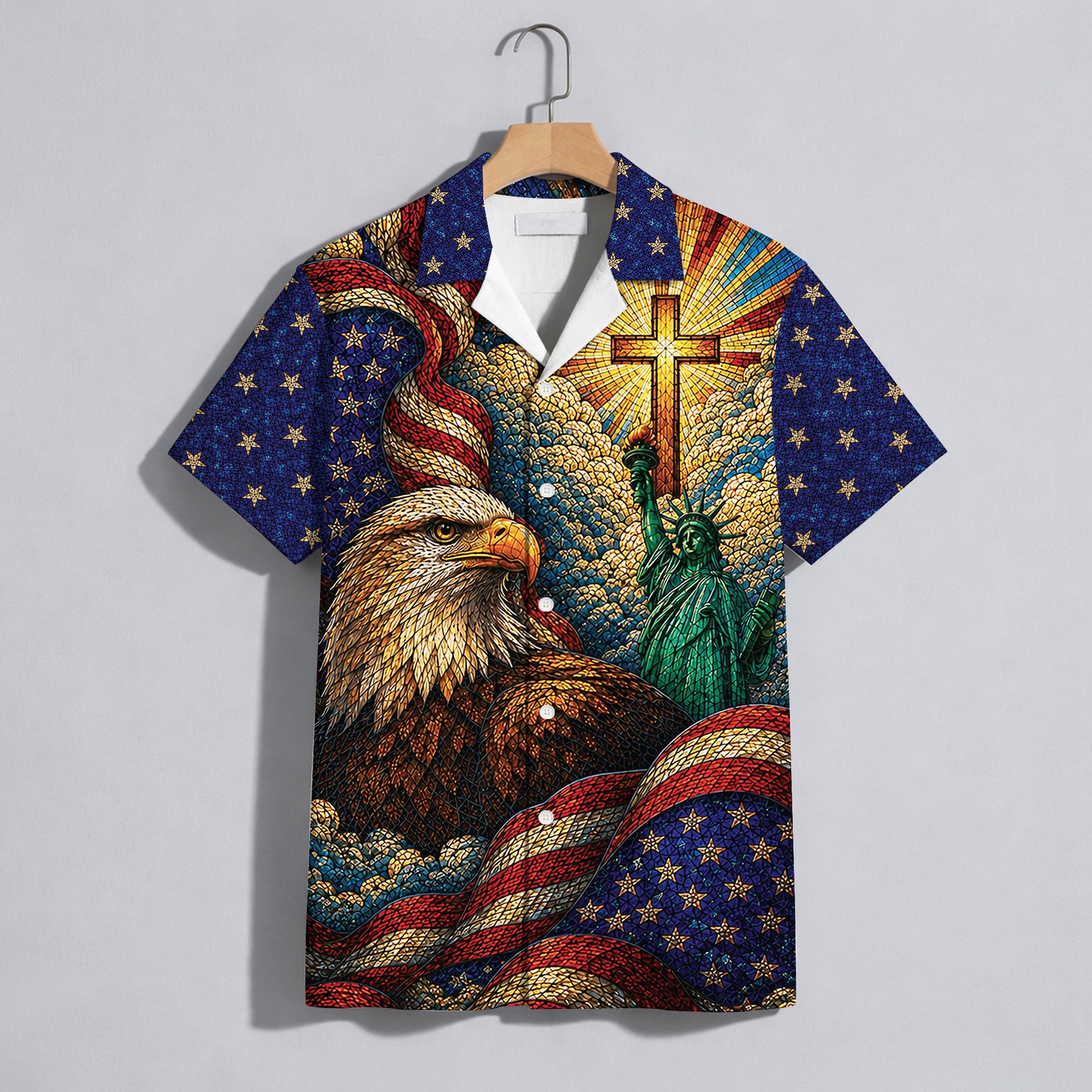 Stained-glass Christian Patriot 250 Years of Freedom Hawaiian Shirt
