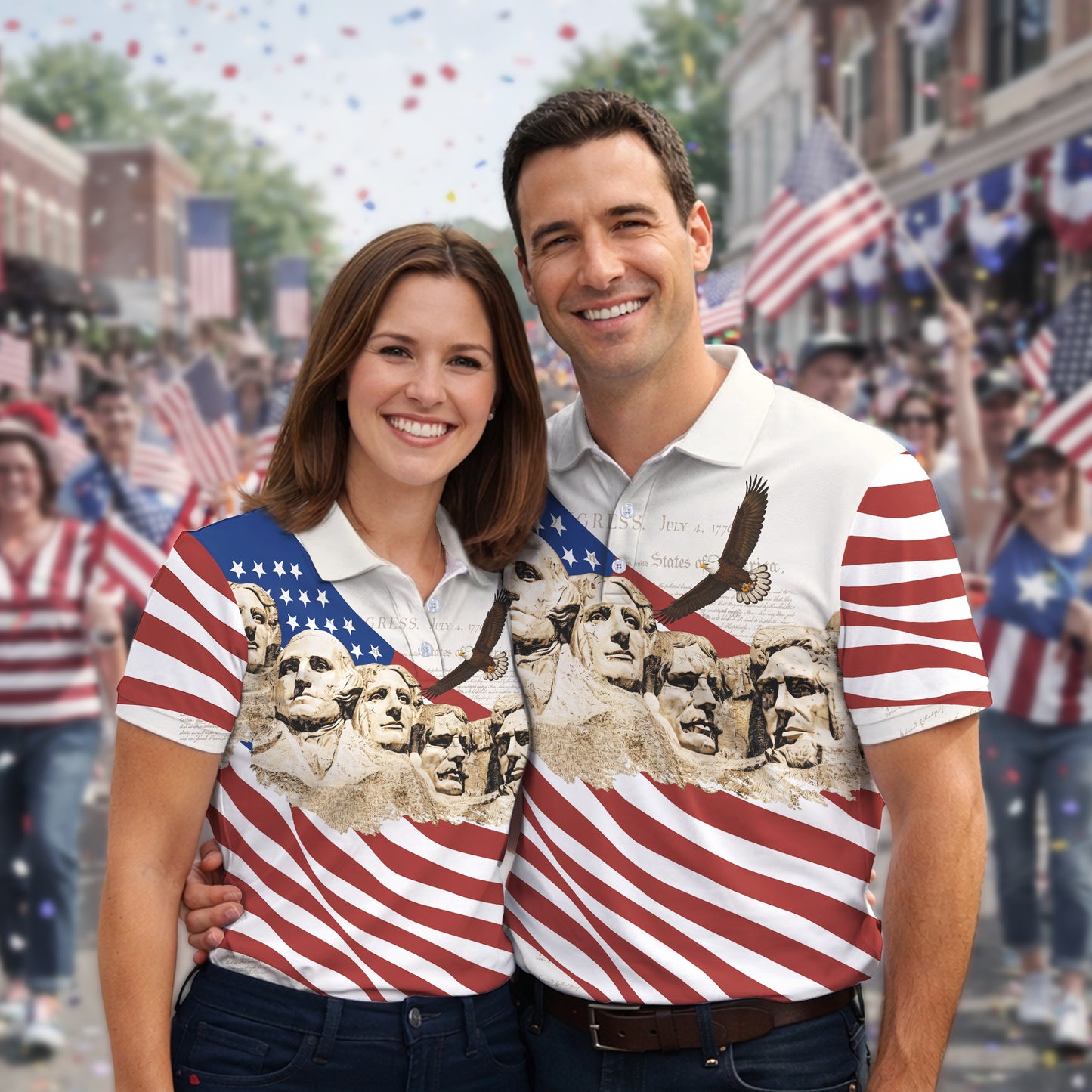 Mount Rushmore American Flag Pattern 4th Of July Patriotic Polo