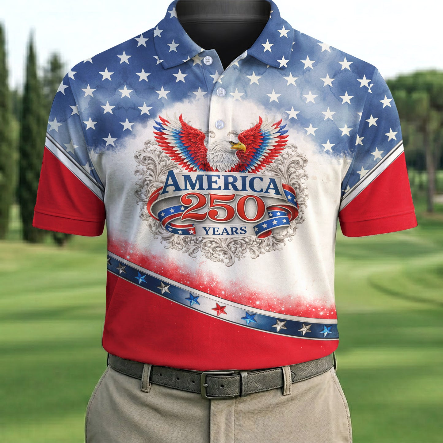 America 250 Years Red White Blue 4th Of July Polo