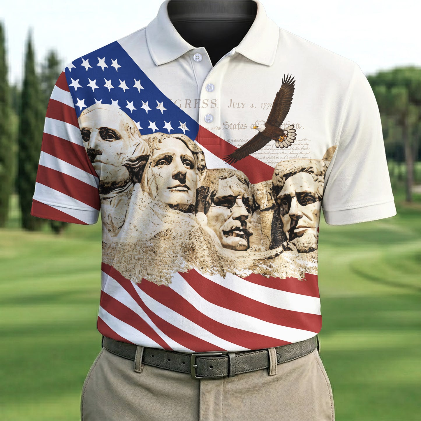 Mount Rushmore American Flag Pattern 4th Of July Patriotic Polo