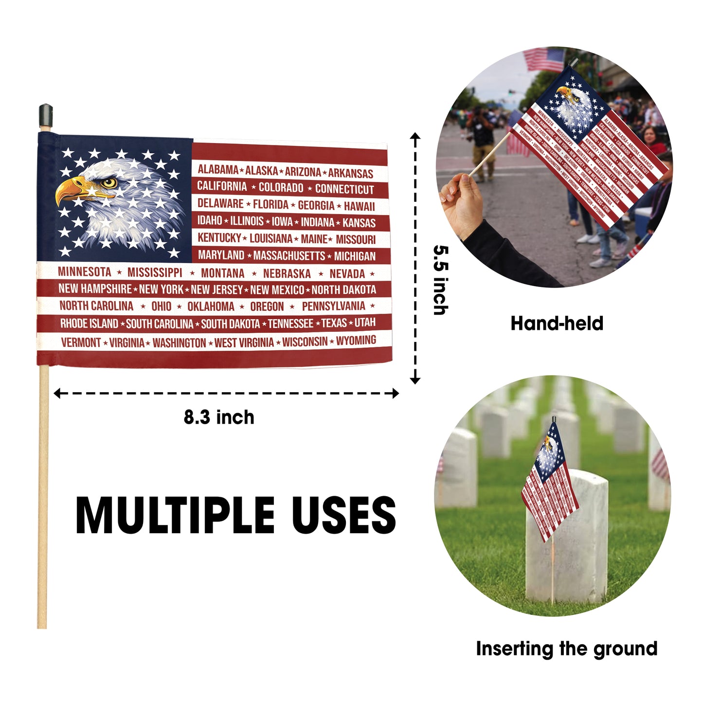 American 250th Anniversary Handheld Flag - Eagle USA Flag with 50 States Design