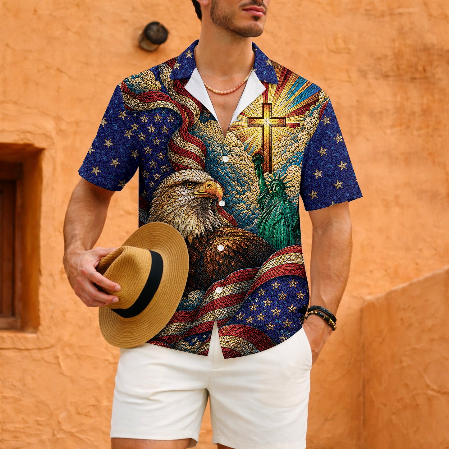 Stained-glass Christian Patriot 250 Years of Freedom Hawaiian Shirt