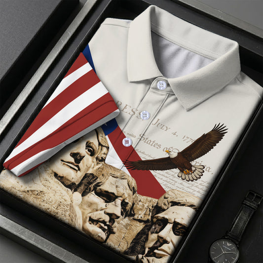 Mount Rushmore American Flag Pattern 4th Of July Patriotic Polo