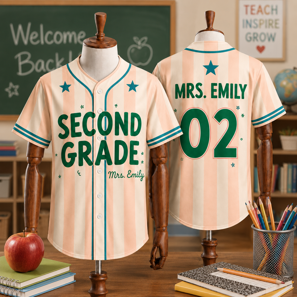 Custom Teacher Baseball Jersey, Personalized Grade Level & Name Pinstripe Shirt