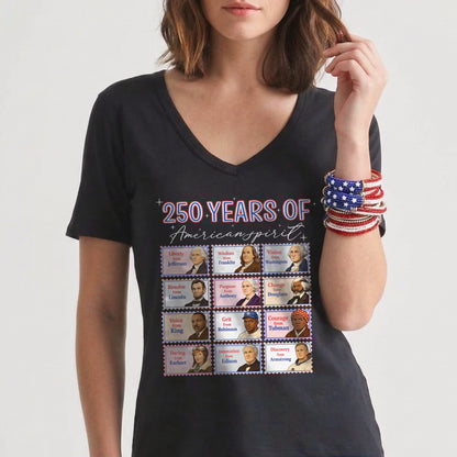 Person wearing a black t-shirt with '250 Years of American Spirit' design featuring historical figures.
