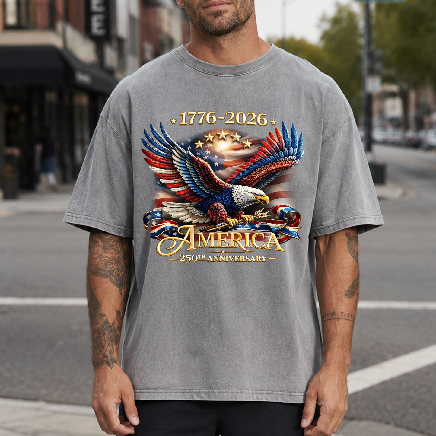 Washed TShirt America 250th Anniversary Bald Eagle Patriotic Vintage 1776–2026