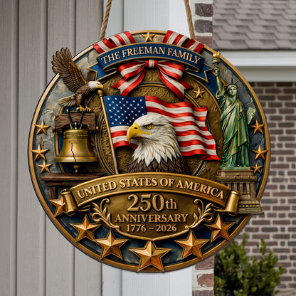 Personalized America 250th Anniversary Wood Wreath, Patriotic Door Sign