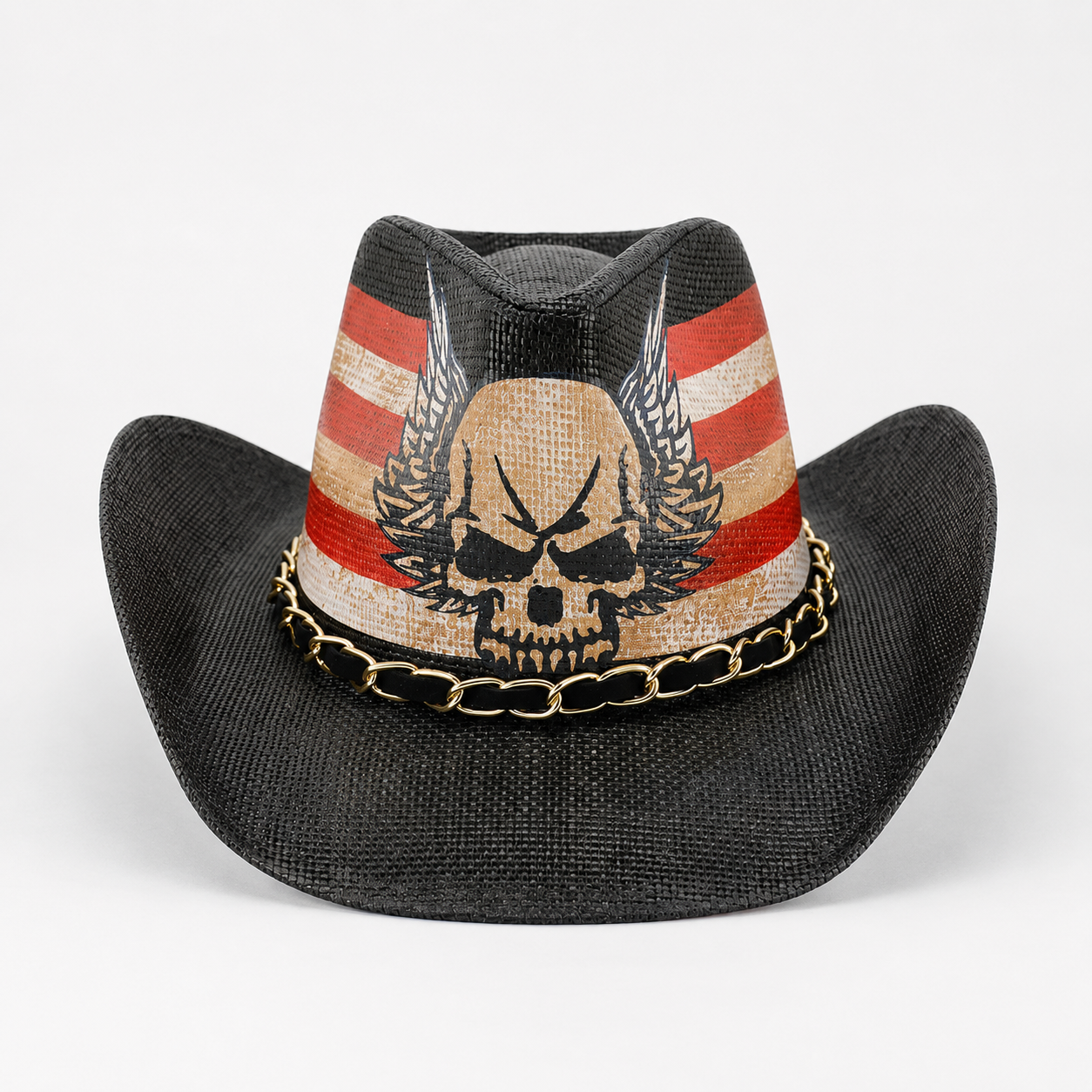 Patriotic Skull Cowboy Fedora Hat, USA Western Biker