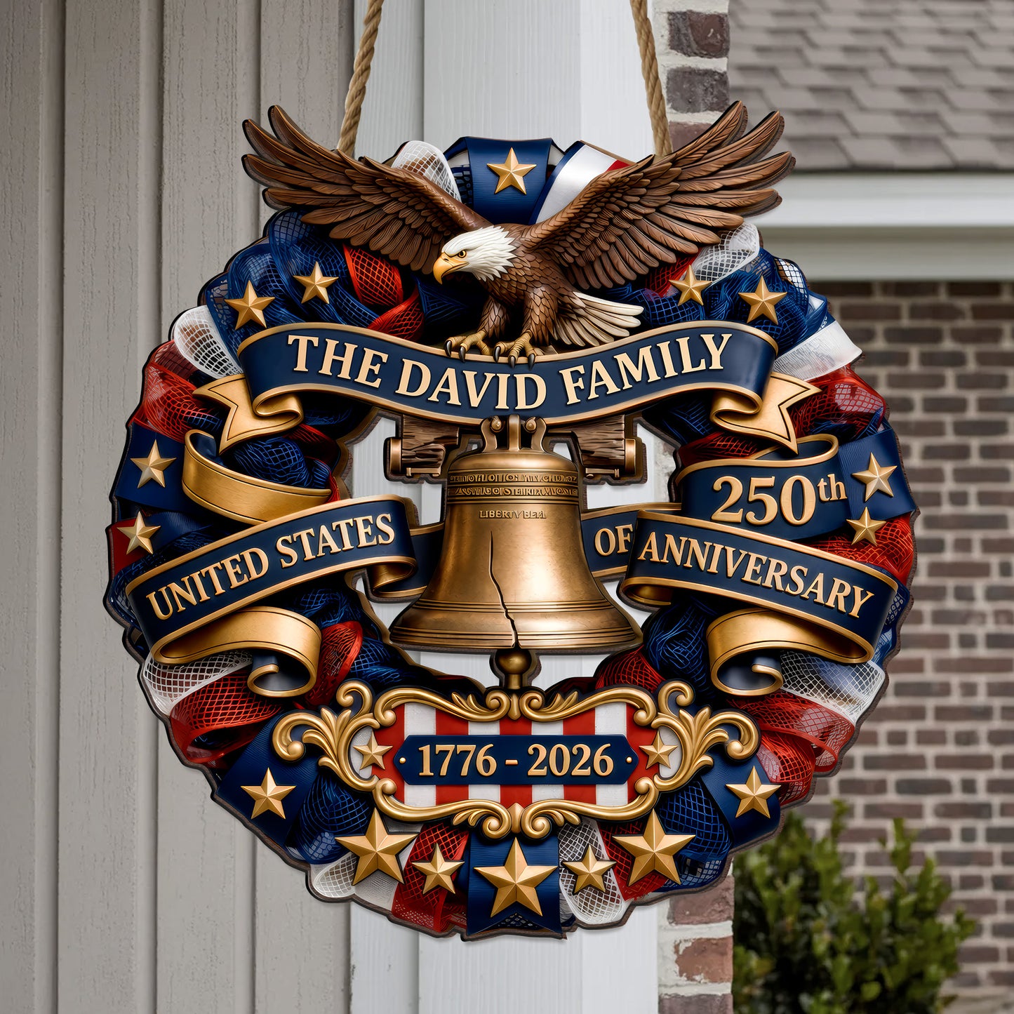 Personalized Patriotic Wood Sign Wreath, USA 250th Anniversary Eagle Bell