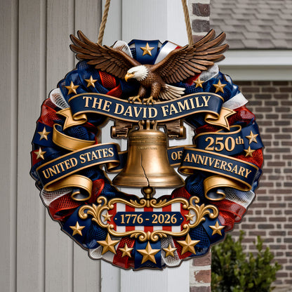 Personalized Patriotic Wood Sign Wreath, USA 250th Anniversary Eagle Bell