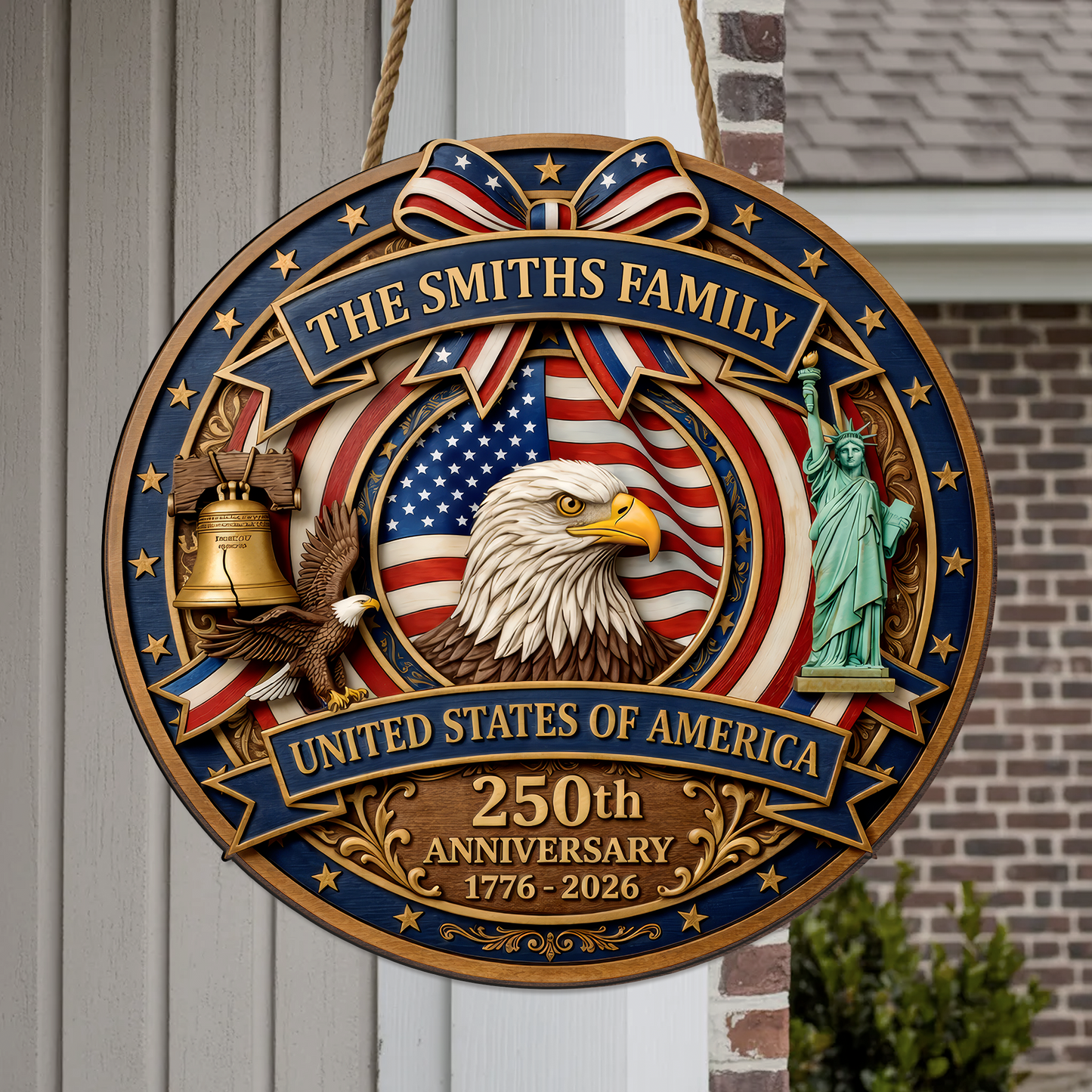 Custom USA 250th Anniversary Wooden Sign, Patriotic Door Hanging Decor
