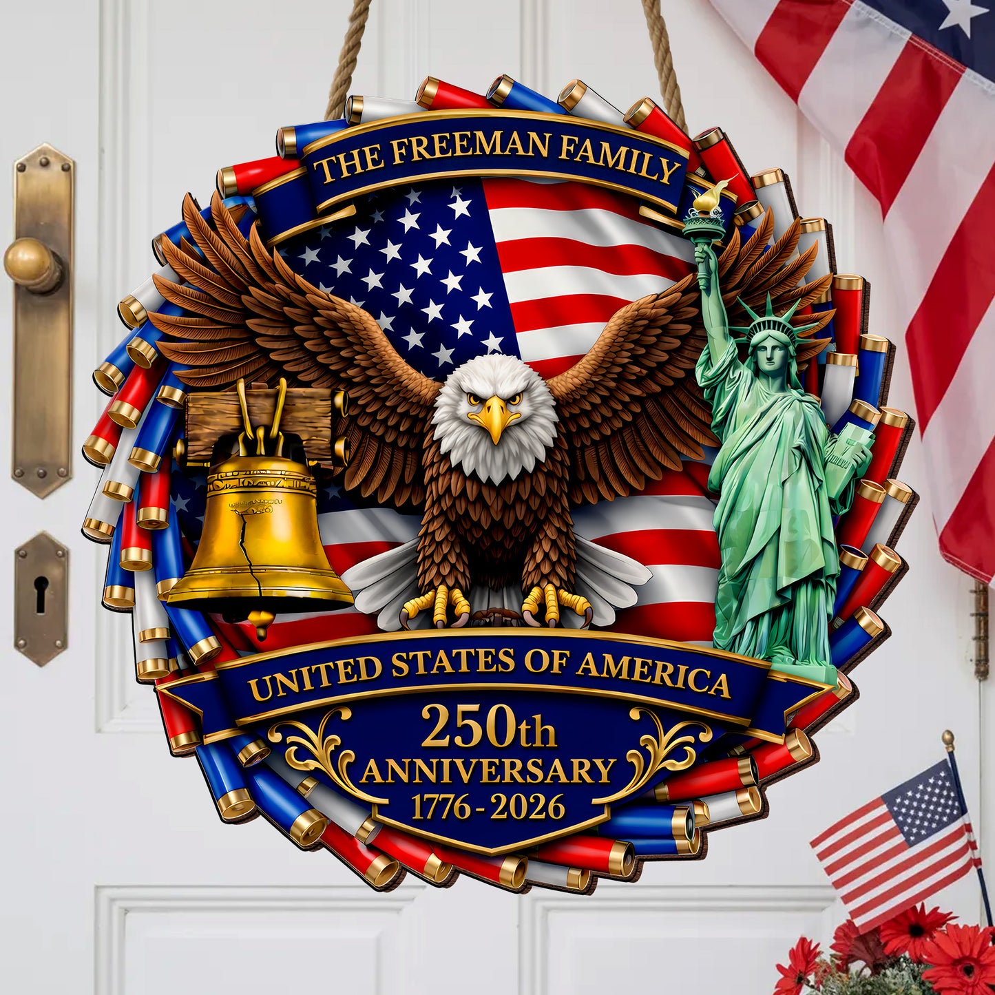 Custom Red White Blue Casing Eagle 250th Anniversary Wood Sign
