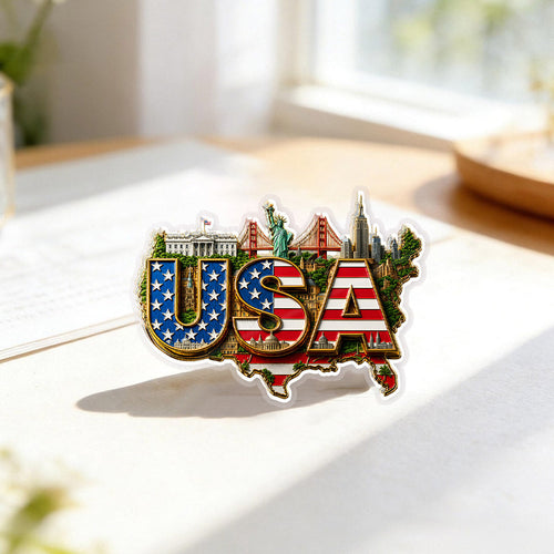 USA Flag Landmark Acrylic Pins – Silver Butterfly Clutch Set for Jackets, Hats & Gifts