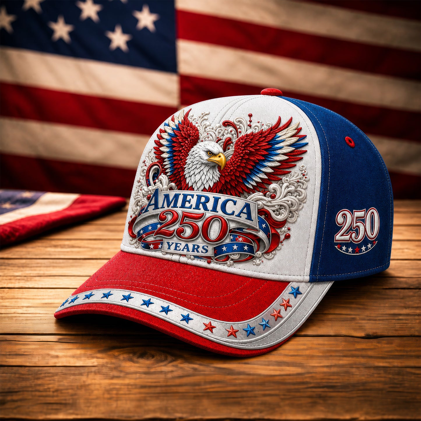 American 250 Years Anniversary Patriotic Eagle Red White Blue Cap