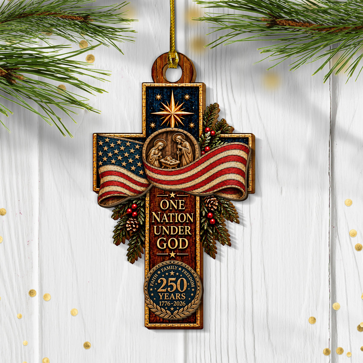 America Faith Wooden Ornament, 250th Anniversary Christmas 2 Layer Ornament