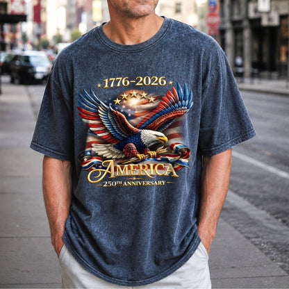 Washed TShirt America 250th Anniversary Bald Eagle Patriotic Vintage 1776–2026
