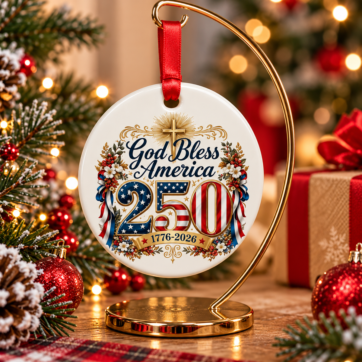 1776–2026 God Bless America Ceramic Ornament