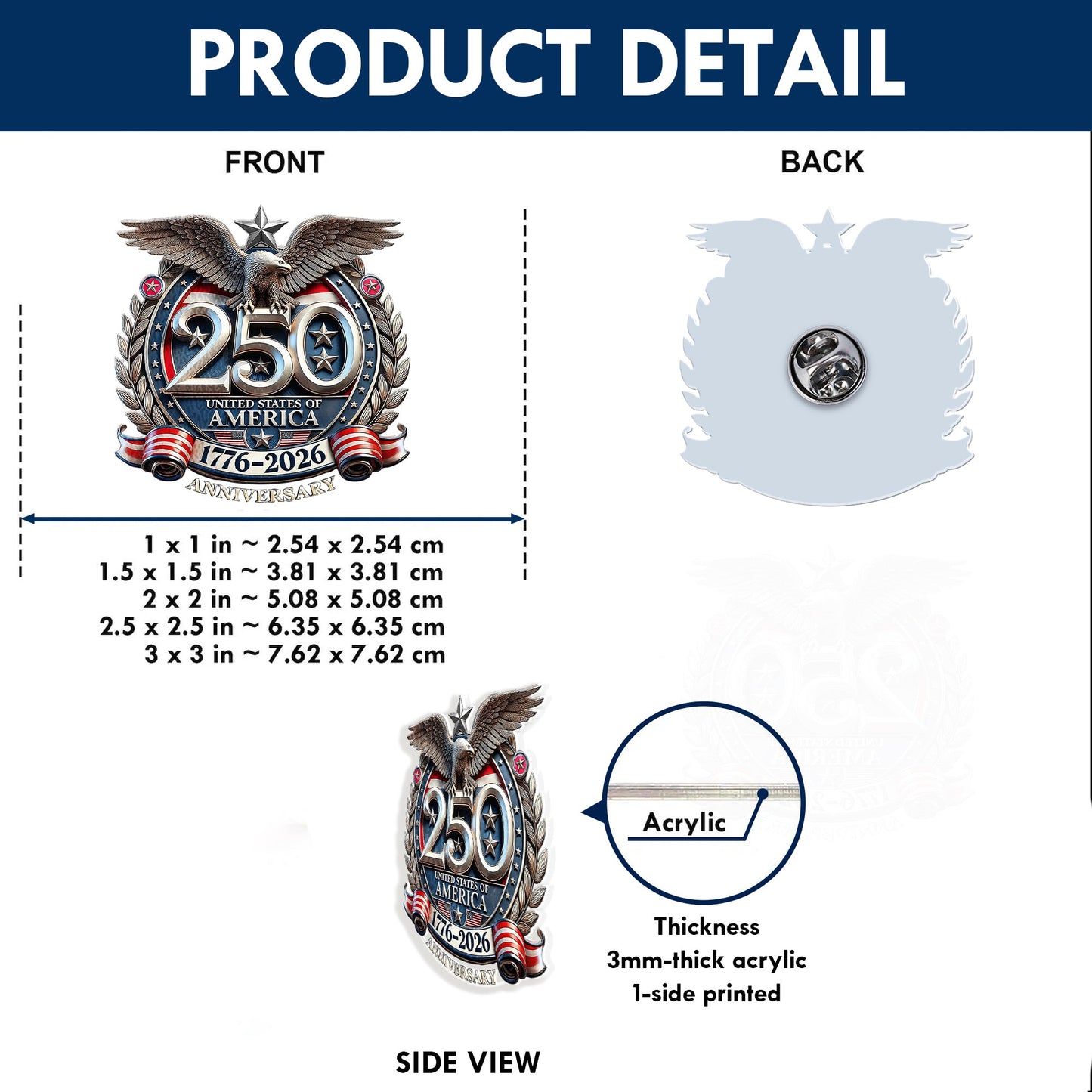 250 Years of USA Eagle Crest Pin – Bold Patriotic Lapel Accessory for Jackets, Hats & Bags