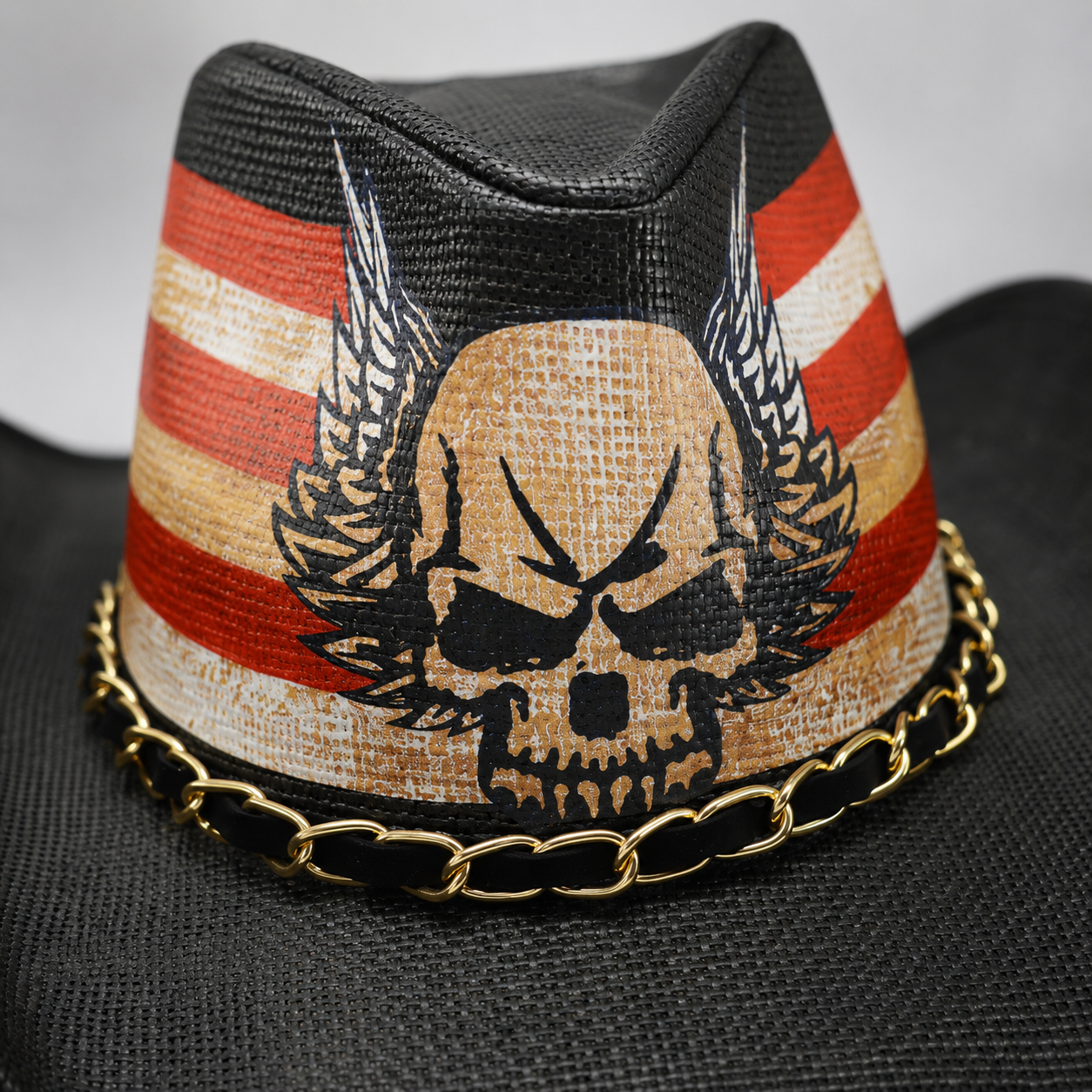 Patriotic Skull Cowboy Fedora Hat, USA Western Biker