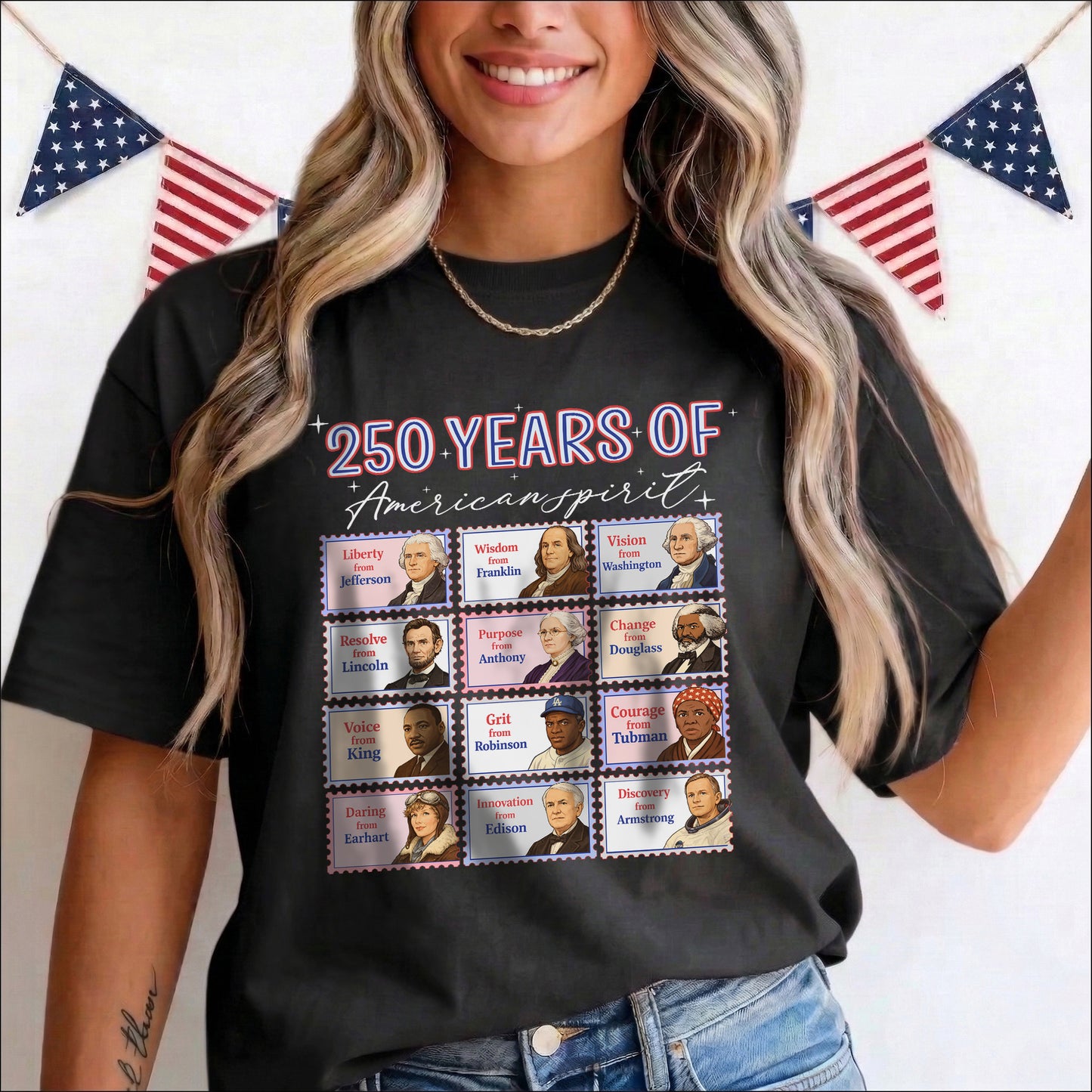 Person wearing a black t-shirt with '250 Years of American Spirits' design featuring historical figures.