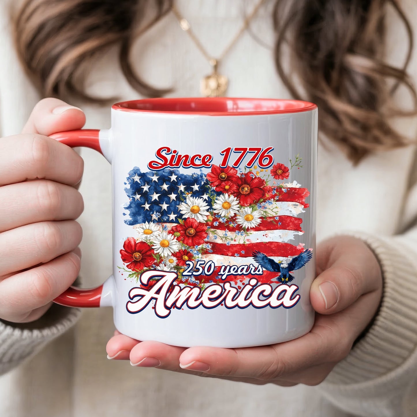 Since 1776 America 250 Years Mug – Patriotic Flag & Floral Eagle Design