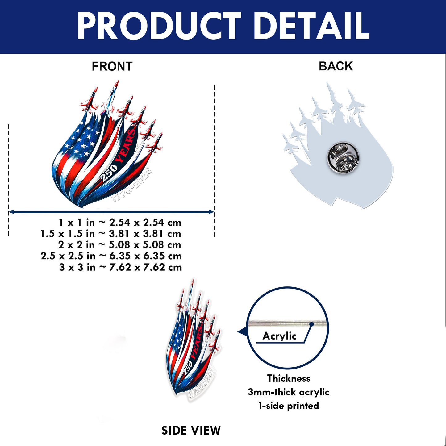 USA 250th Fighter Jets Acrylic Pins – Silver Butterfly Clutch Set for Jackets, Hats & Gifts