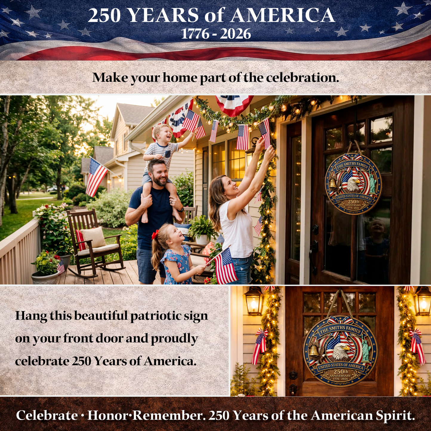 Custom USA 250th Anniversary Wooden Sign, Patriotic Door Hanging Decor